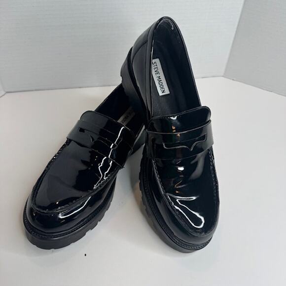 Steve Madden Sz 11 Black Patent Langsten Leather Platform Loafers - Picture 2 of 11